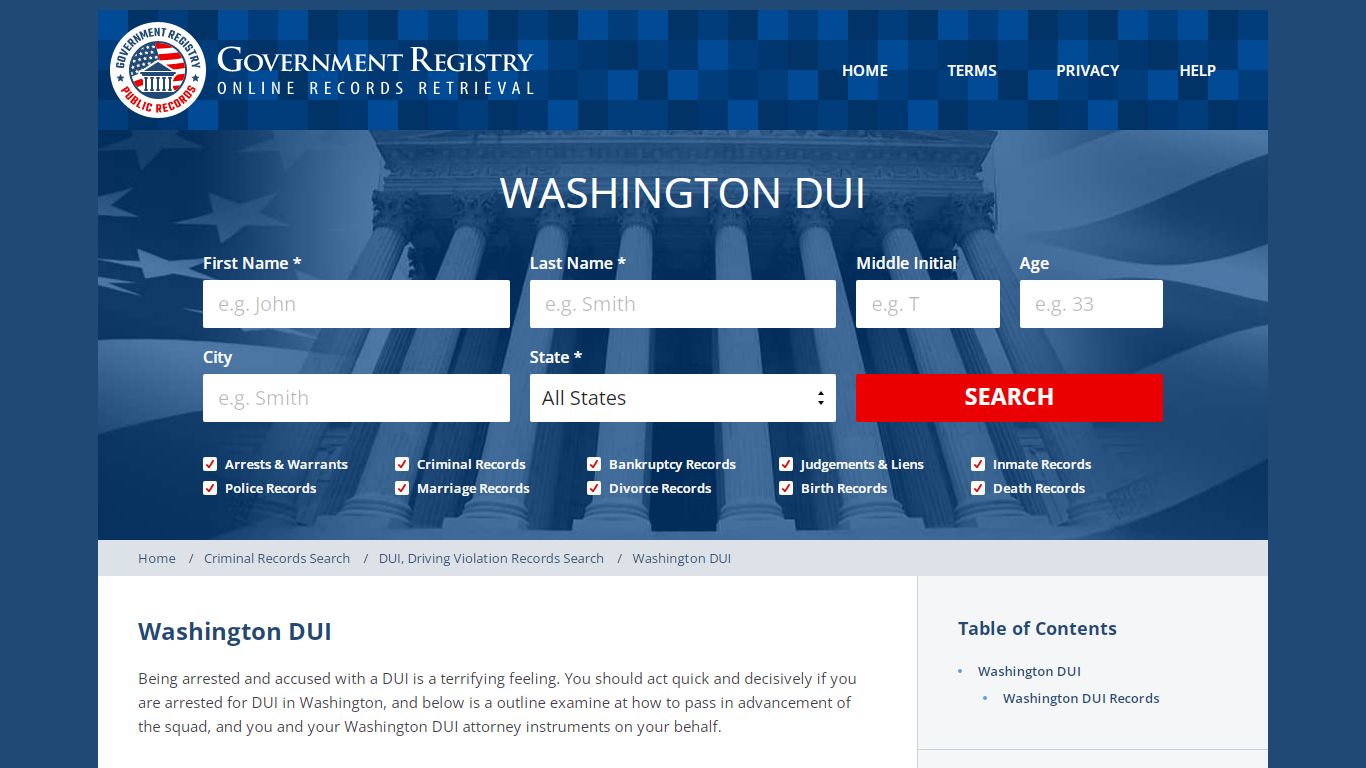 Washington DUI | Washington DUI Records | GovernmentRegistry.org